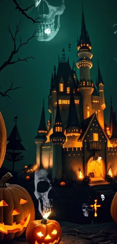 Spooky castle with pumpkins and ghosts at night.