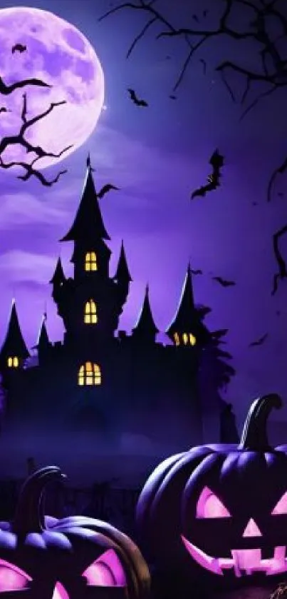 Spooky Halloween castle with pumpkins and a full moon in a purple sky.