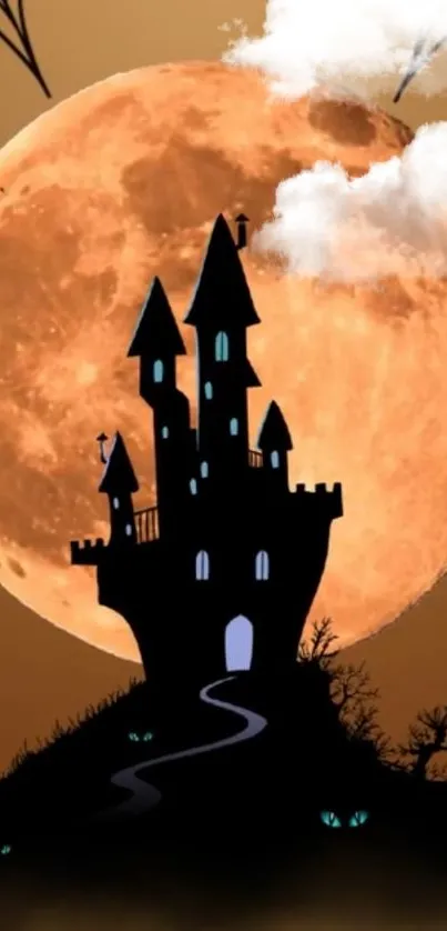 Silhouetted castle with full moon background.