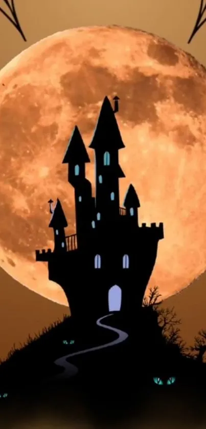 Nighttime castle silhouette with full orange moon backdrop.