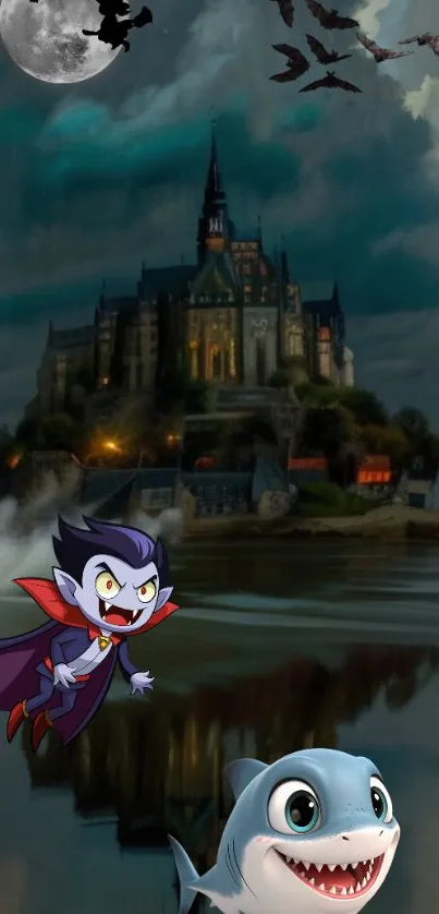 Spooky cartoon castle with vampire and shark under a moonlit night sky.
