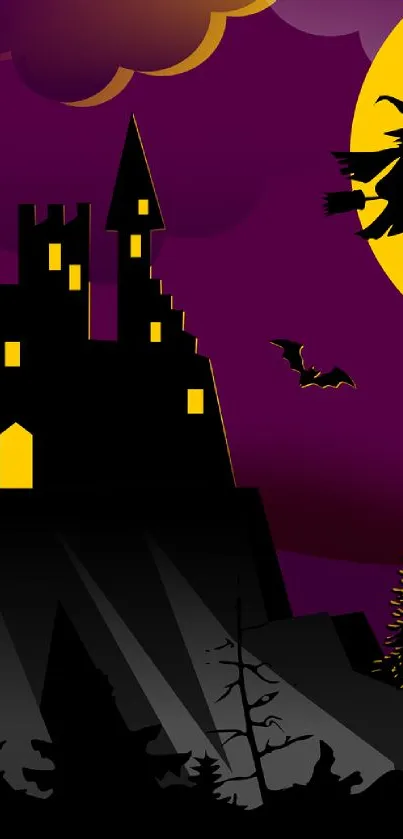 Halloween mobile wallpaper with castle, witch, and moon.