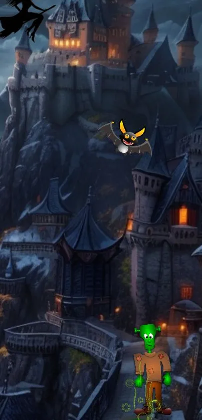 Spooky castle with cartoon characters under moonlit sky.