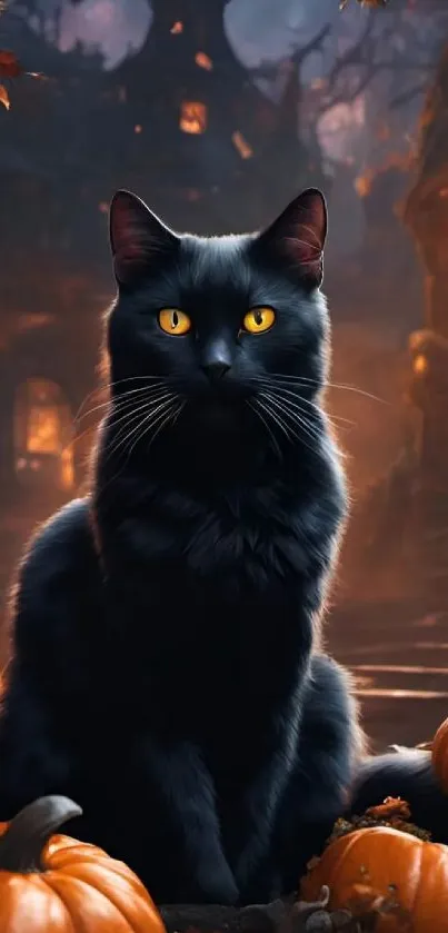 Black cat with pumpkins Halloween scene