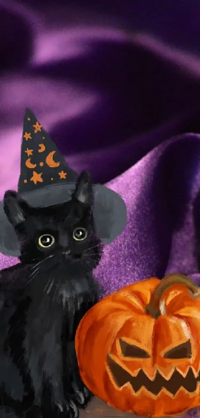 Purple silk with black cat and pumpkin for Halloween.