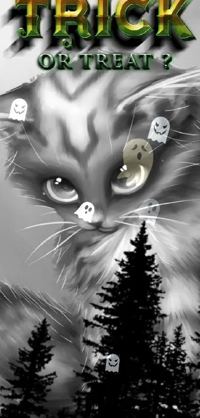 Spooky grayscale cat with forest for Halloween wallpaper.