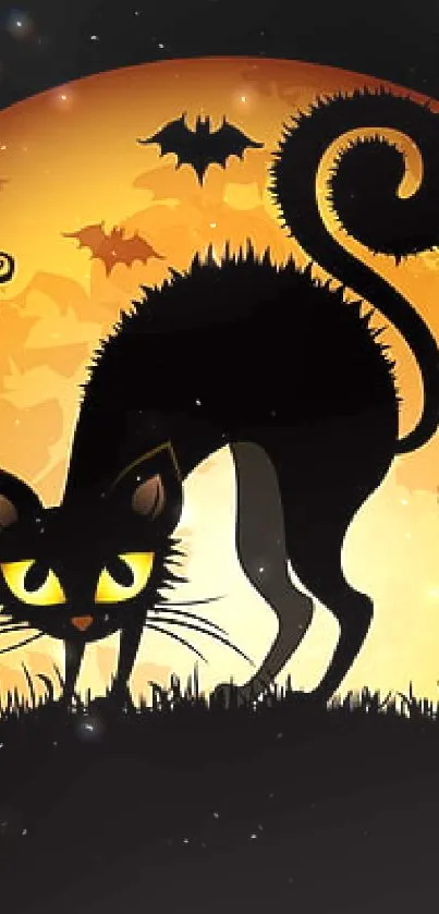 Spooky Halloween wallpaper with black cat and orange moon.