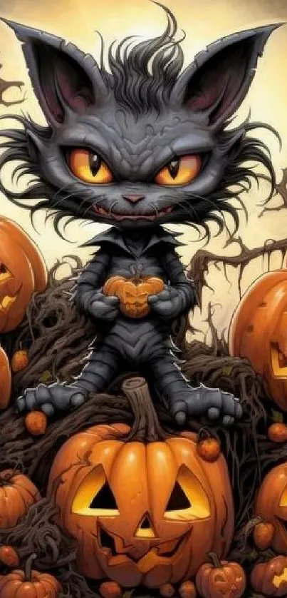 Mischievous black cat with pumpkins in a spooky Halloween scene.