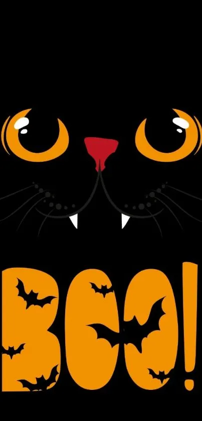 Black cat with orange eyes and 'Boo!' text on a Halloween wallpaper.