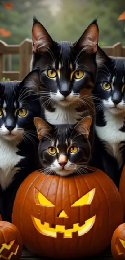 Four black cats with pumpkins on Halloween.