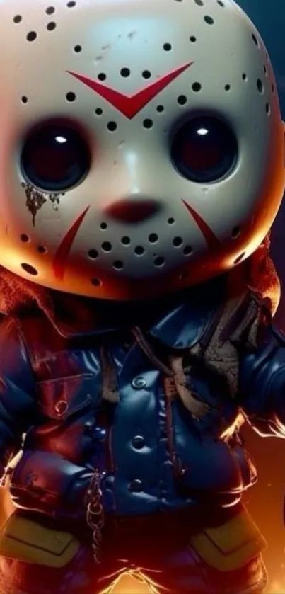 Chibi horror character with mask and weapon design.