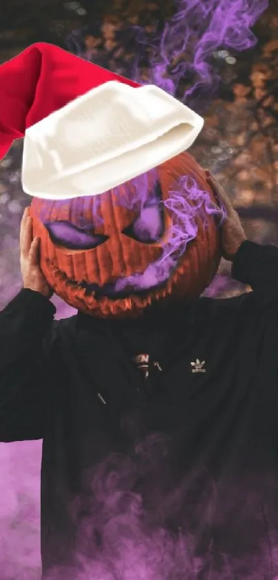 Pumpkin head with Santa hat in purple smoke.