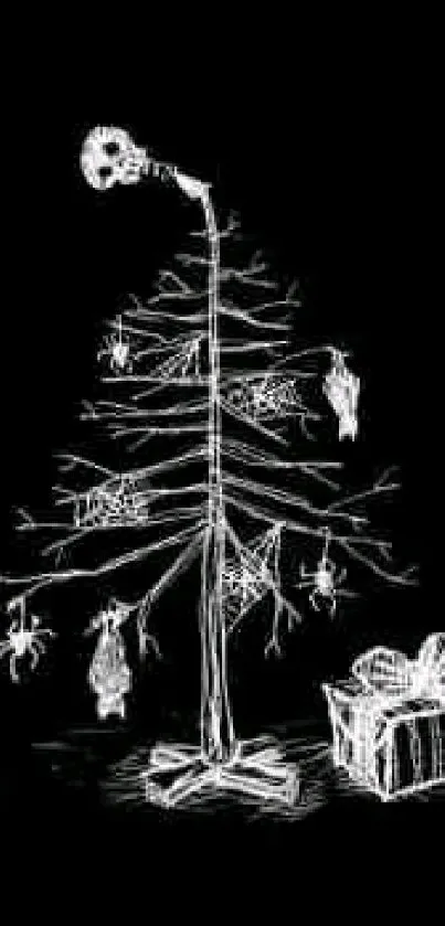 Spooky black and white Christmas tree with skull on branch.