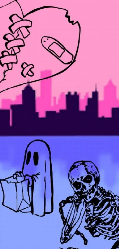 Skeleton and ghost in pink and blue cityscape art.