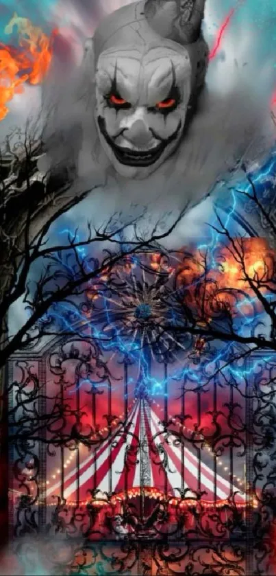 Sinister clown above a fiery gated circus scene, with eerie trees and stormy clouds.