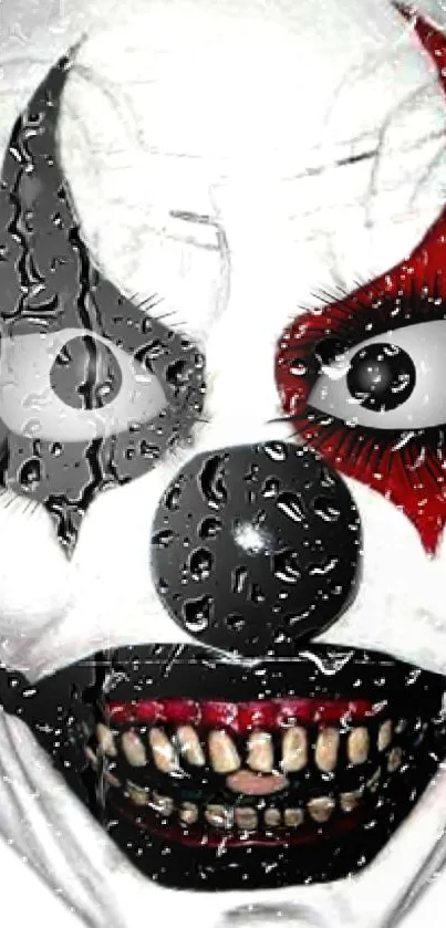 Eerie clown face with water droplets, red and black makeup on mobile wallpaper.