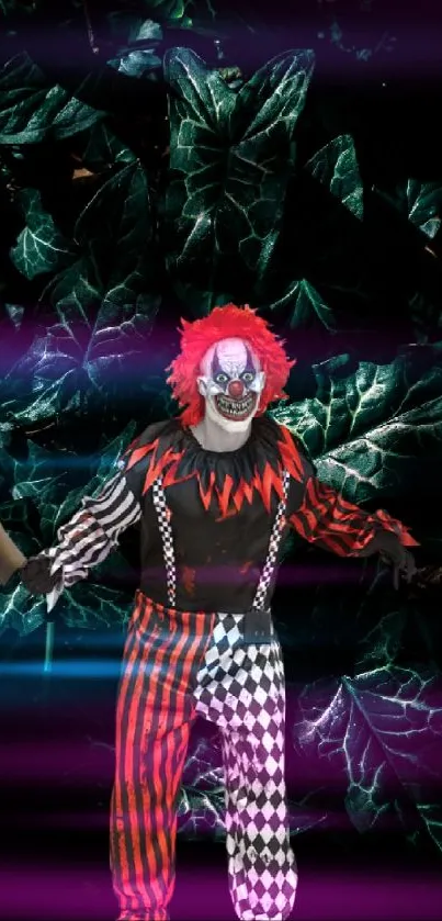 Creepy clown with red hair on a dark leafy background.