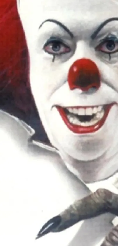 Creepy clown with red hair and eerie smile in a horror-themed wallpaper.