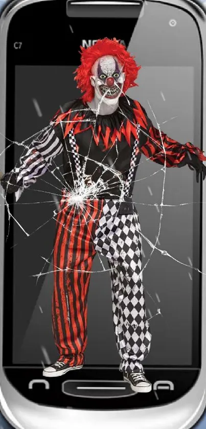 Creepy clown emerging from phone in mystical sky background.