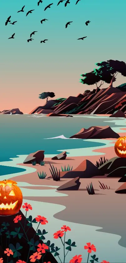 Halloween coastal scene with pumpkins and birds.