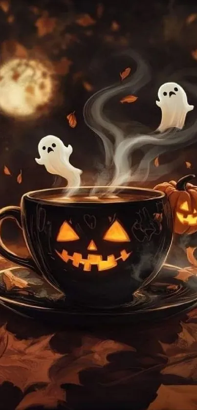 Halloween coffee cup with ghosts and pumpkin.