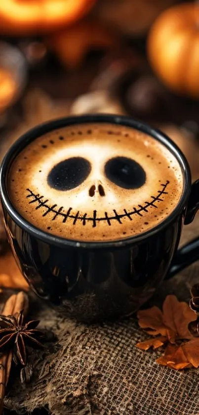 Spooky Halloween coffee cup with artistic foam design.