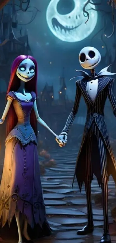 Spooky animated couple holding hands under a glowing moonlit sky.