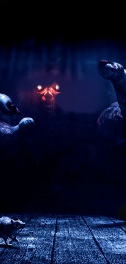 Dark fantasy wallpaper with eerie creatures and glowing eyes.