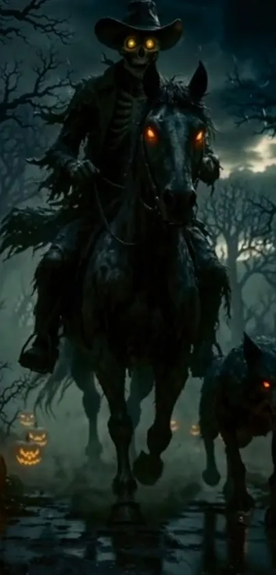 Dark, spooky forest with eerie rider and glowing pumpkins.