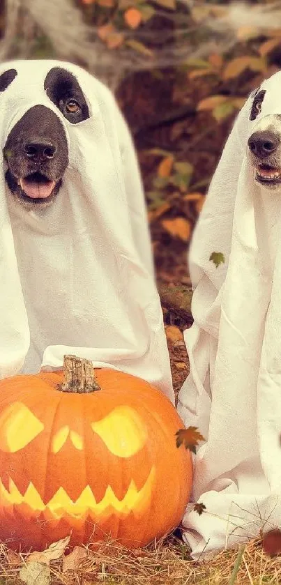 Three dogs in ghost costumes with pumpkin in a fall setting.