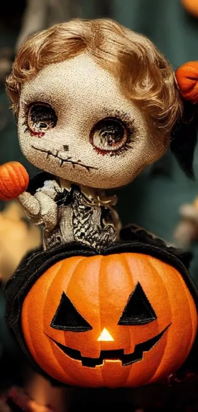 Creepy doll with pumpkin for Halloween