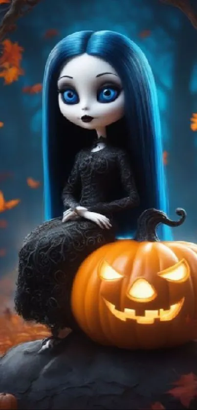 Spooky doll and pumpkin in a dark, blue-lit forest with autumn leaves.