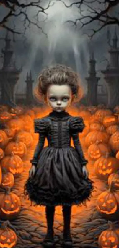 Spooky doll surrounded by glowing pumpkins in a Halloween-themed setting.