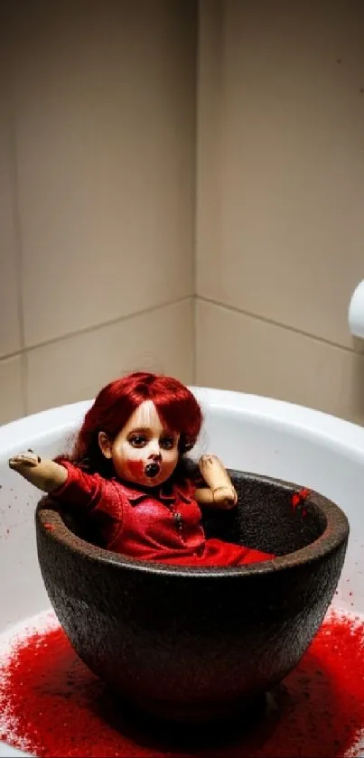 Creepy doll in a red bowl with spilled red paint in a bathroom setting.