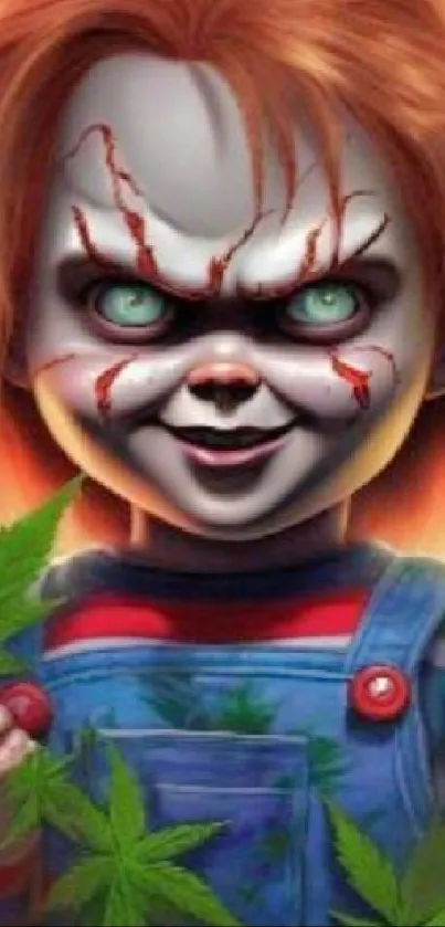 Creepy Chucky doll illustration with red hair and sinister expression.