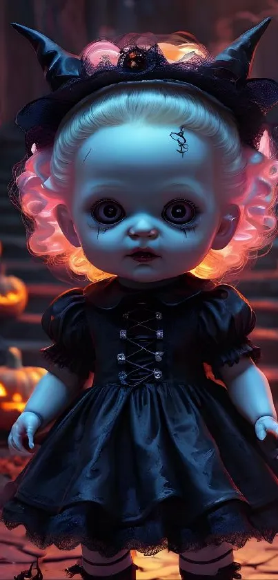 Spooky doll with glowing pumpkins in a dark setting.