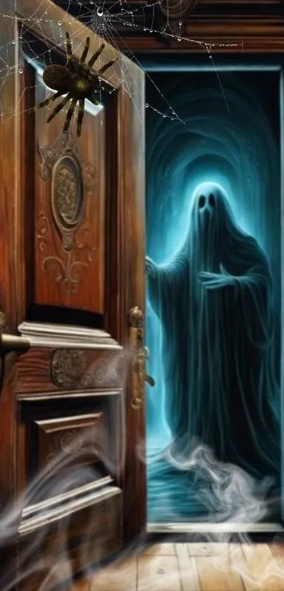 Ghostly figure at open door in misty blue glow.