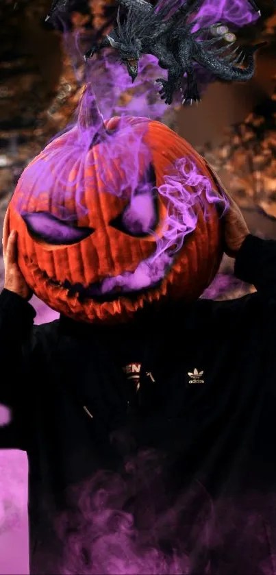 Halloween-themed pumpkin head with dragon and purple smoke.