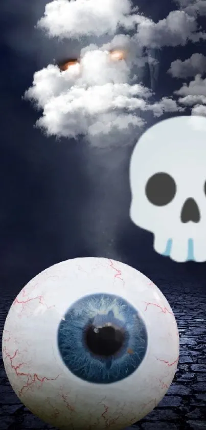 Eerie ghost face with eyeball and skull emoji on dark background.