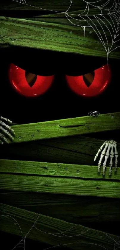 Spooky wallpaper with red eyes and green planks.