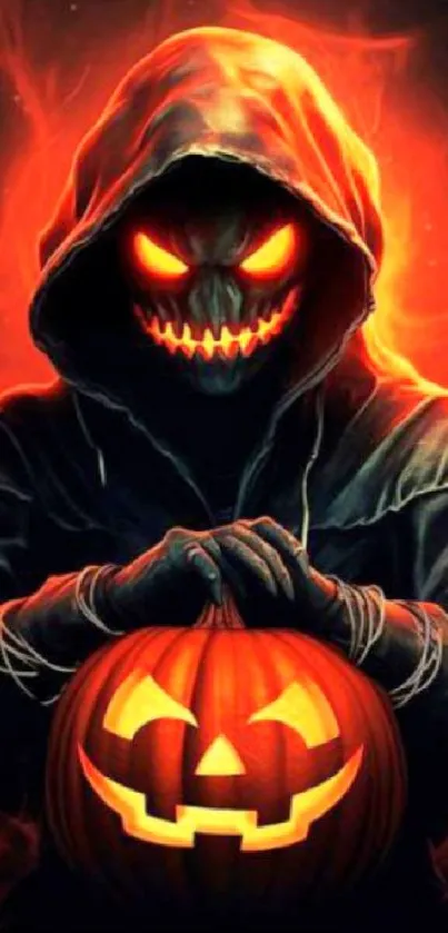 Hooded figure with flaming pumpkin, fiery mobile wallpaper.