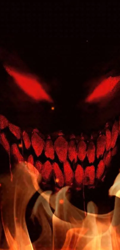 Fiery monster face with red eyes and flames, perfect for a spooky wallpaper.