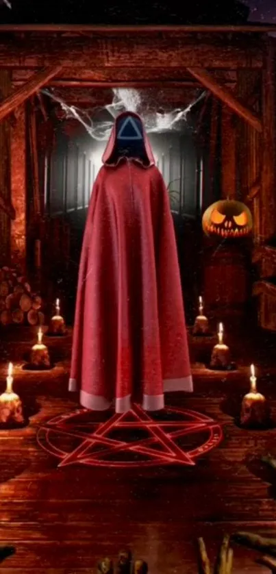 Mysterious figure in red cloak on a candlelit forest path.