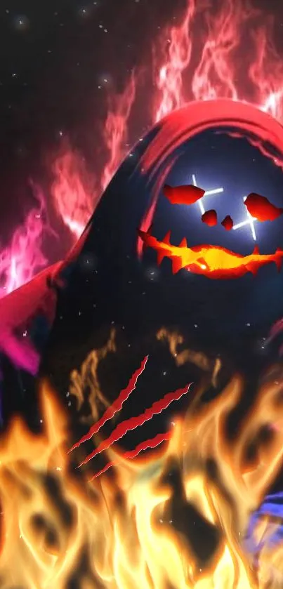 Spooky masked figure surrounded by flames.