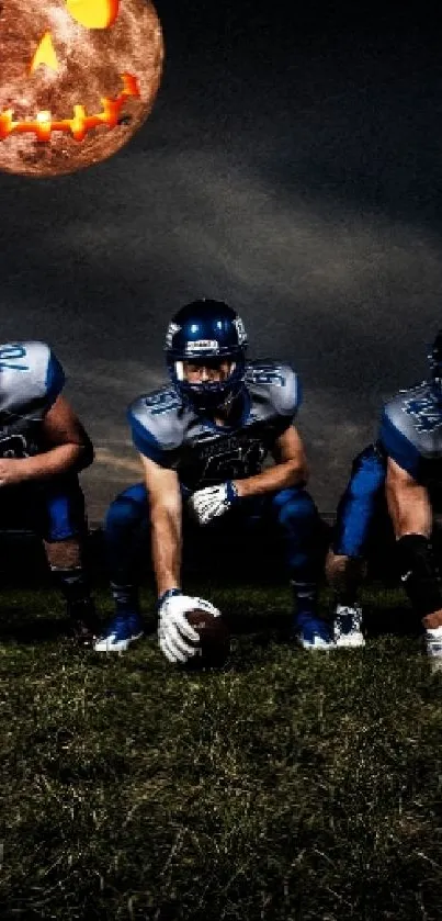 Football players ready under spooky pumpkin moon.