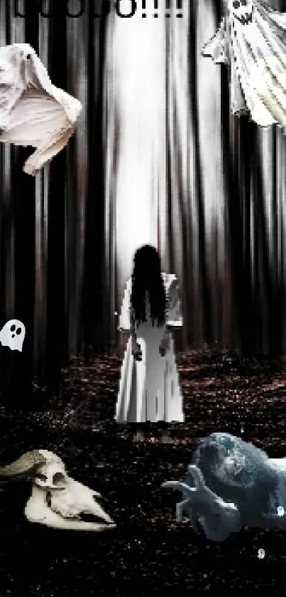 Spooky wallpaper with ghosts in a dark forest and mysterious ambiance.