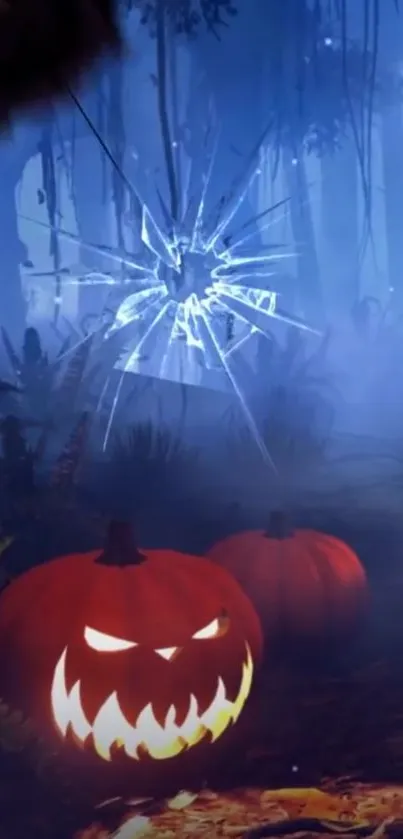 Spooky pumpkin and misty forest wallpaper for Halloween.