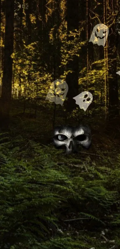 Dark forest with ghostly figures and a hidden skull face.