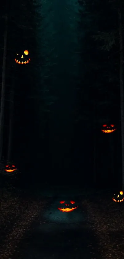 Dark forest with glowing orange jack-o'-lanterns creating a spooky scene.