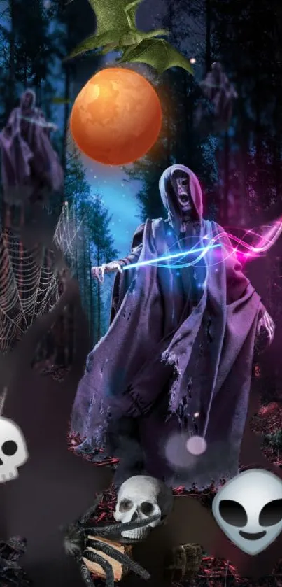 Eerie Halloween forest with ghostly figures and vibrant, mystical colors.